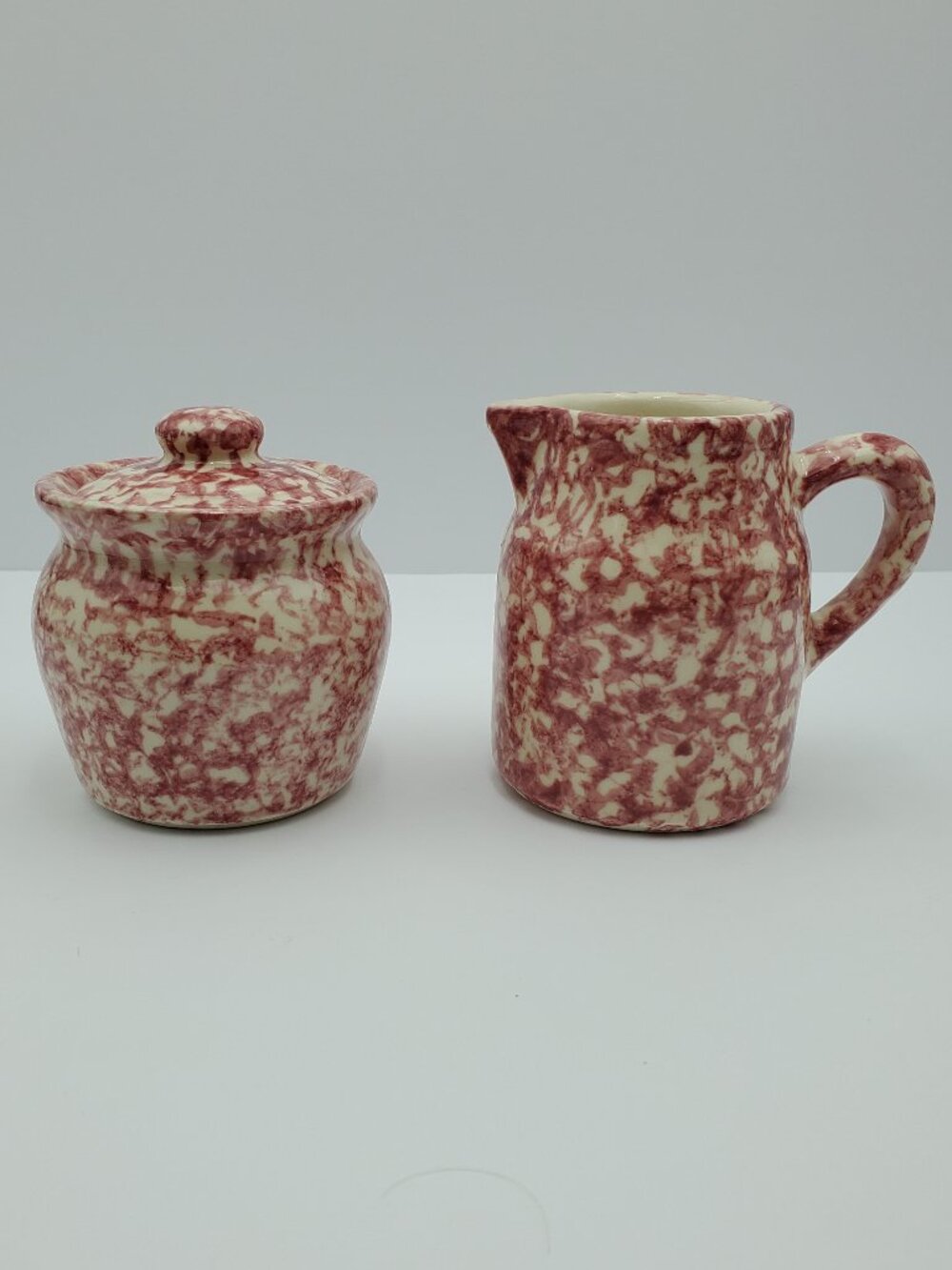 Friendship Pottery Rose Red Spongeware Creamer & Sugar Bowl with Lid